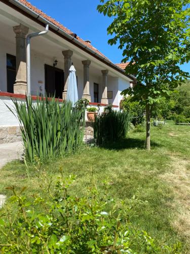 a white house with a white umbrella in the yard at Kánya Veranda in Szomolya