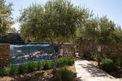 a swimming pool in a garden with trees and flowers at Ikies of Mykonos in Mýkonos City