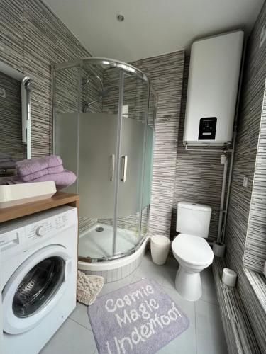 une salle de bain avec machine à laver et toilettes dans l'établissement Pretty Purple, à Clichy