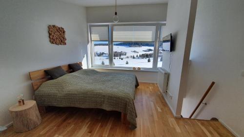 a bedroom with a bed and a large window at Mezonetový apartmán se dvéma balkóny a výhledem in Loučná pod Klínovcem