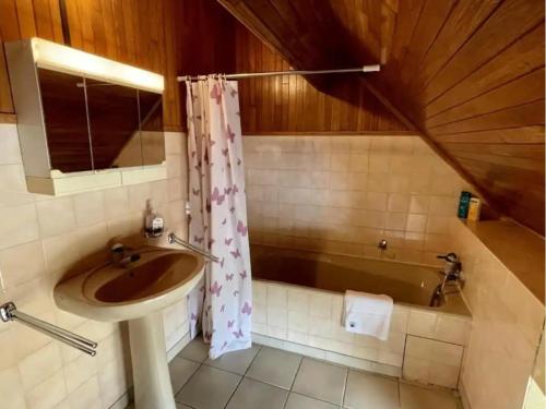 une salle de bain avec un lavabo et une baignoire dans l'établissement Gîte de caractère, à Saint-Martial-de-Nabirat