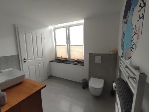 a bathroom with a toilet and a sink and a window at Apartment 58- Ruhr Nah in Essen