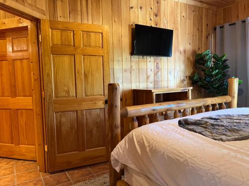 a bedroom with a bed and a tv on a wall at Splashtacular: Indoor Pool~Gorgeous Views~HotTub~GameRoom~Resort in Gatlinburg
