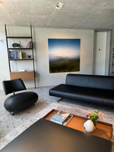 a living room with a black couch and a table at Le Pavillon M, Piscine et Spa au pied du château, Petit-Déjeuner inclus, Parking privé in Grignan