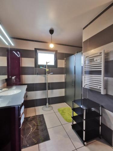 - une salle de bains avec des bandes noires et blanches sur le mur dans l'établissement Le Rooftop du 10, à Annecy