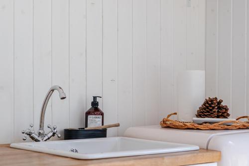 a kitchen counter with a sink and a bottle of wine at Coastal Cabin Engure in Engure