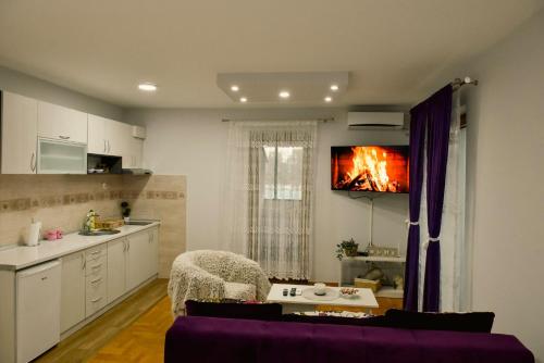 a kitchen with a living room with a fire on the wall at Apartment Marijana in Vrnjačka Banja