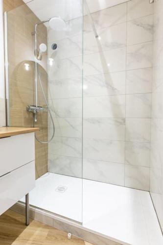 une douche avec une porte vitrée dans une salle de bain dans l'établissement Cosy Saint-Pierre centre-ville, à Clermont-Ferrand
