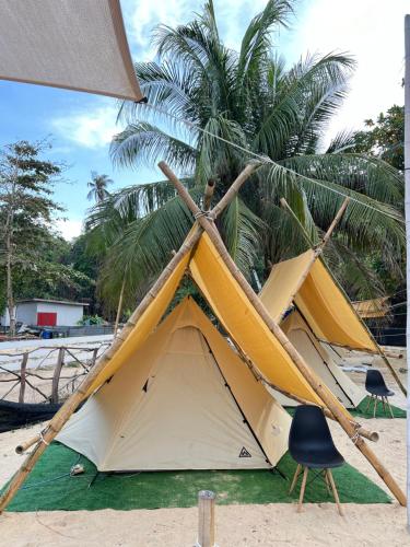 ein Zelt am Strand neben einer Palme in der Unterkunft Long Beach Camp in Perhentian Island