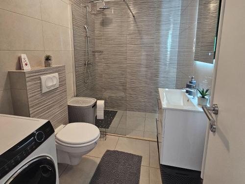 a bathroom with a shower and a toilet and a sink at Holiday House Above with pool and summer kitchen in Klis