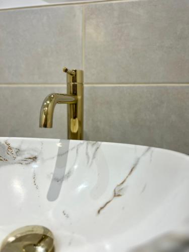 La salle de bains est pourvue d'un lavabo avec un robinet en or. dans l'établissement Le Penhoët, Hyper centre de Rennes, à Rennes