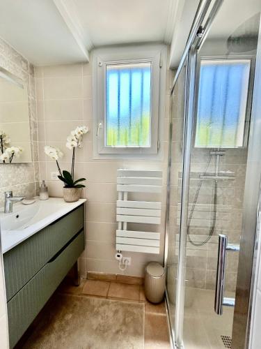 une salle de bain avec douche et lavabo dans l'établissement Les Restanques vue mer Bastide rez jardin 3021, à Grimaud