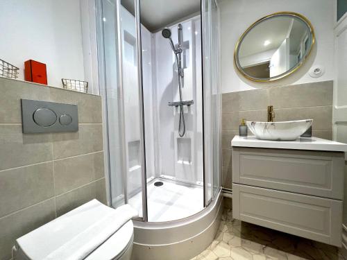 a bathroom with a shower and a toilet and a sink at Le Penhoët, Hyper centre de Rennes in Rennes
