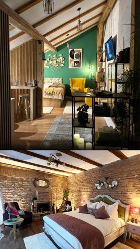 two pictures of a bedroom with a bed and a living room at Studio Rezistenta in Făgăraş