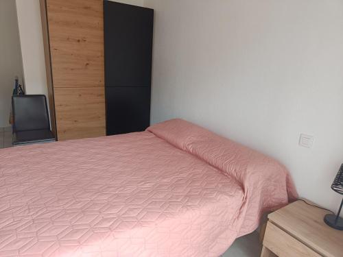 ein Schlafzimmer mit einem Bett mit einer rosa Decke in der Unterkunft NOUVEAU Appartement T2 meublé classé, secteur petite Provence in Amélie-les-Bains-Palalda
