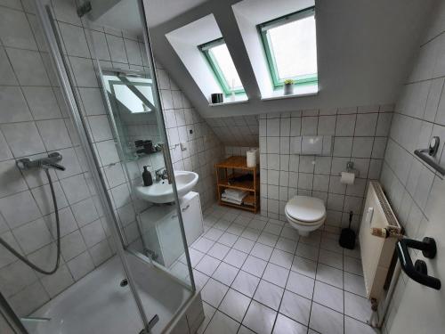 a bathroom with a shower and a toilet and a sink at Marktstübchen in Waren