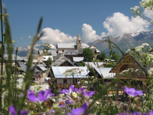 a town in the mountains with flowers in the foreground at Chalet -Les Aiguilles- rdc in Albiez-Montrond