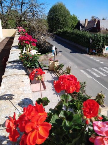 a row of flowers on the side of a street at Hôtel du Pont et Restaurant à Groléjac in Groléjac