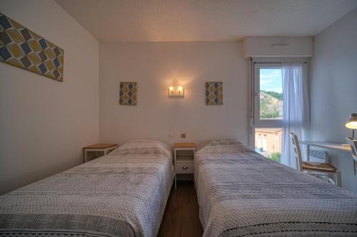 2 camas en una habitación con ventana en Hotel Coté Sud, en Saint-Péray