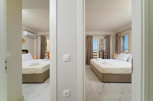 a bedroom with two beds and a mirror at Helicon Luxury Villas in Limenas