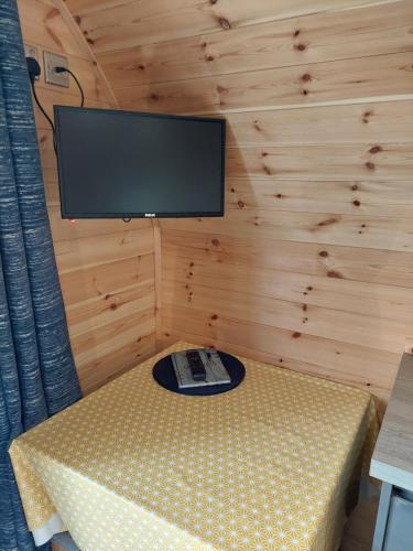 a small room with a tv on a wooden wall at High Whashton Springs Glamping Pod, Richmond Yorks in Richmond