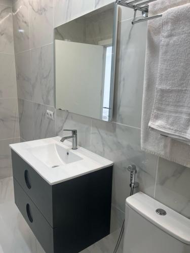 a bathroom with a sink and a mirror and a toilet at Villa Amir in Fuengirola