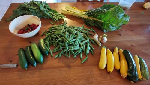 a bunch of vegetables on a wooden table at Le Galussel Gite d'étape et de séjour in Saint-Sébastien