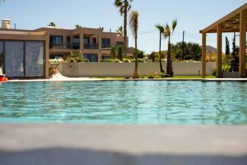 a swimming pool in front of a house with palm trees at La Rêve Luxury Apartments in Hersonissos