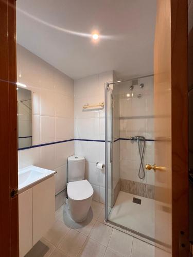 a bathroom with a toilet and a shower at APCOSTAS Villa de Madrid in Blanes