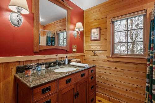 un bagno con lavandino e specchio di Cozy Log Cabin on the River with Fireplace and Loft a Townshend