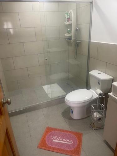 une salle de bain avec douche, toilettes et tapis dans l'établissement Dogsland Pululahua - Bienvenidos - Ferienwohnungen, à Quito