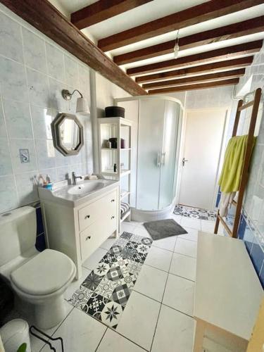 une salle de bain avec toilettes, lavabo et douche dans l'établissement Maison de campagne à la mer, à Ver-sur-Mer