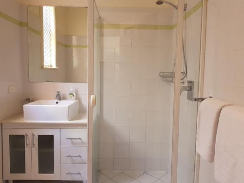 格莱内尔格The Heritage - located in in the center of Glenelg的带水槽和淋浴的白色浴室