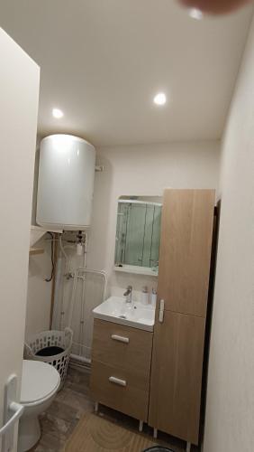 une salle de bain avec toilettes, lavabo et miroir dans l'établissement Chez Rosalia et Guillaume, au Tréport