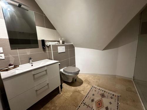 une salle de bain avec toilettes et lavabo dans l'établissement Charme, poutres et élégance, à Chartres