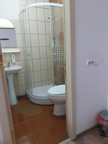 uma casa de banho com um chuveiro, um WC e um lavatório. em Randevu em Caracal
