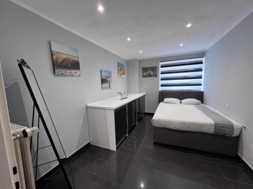 - une petite chambre avec un lit et un bureau dans l'établissement Esch/Alzette apartment, à Esch-sur-Alzette