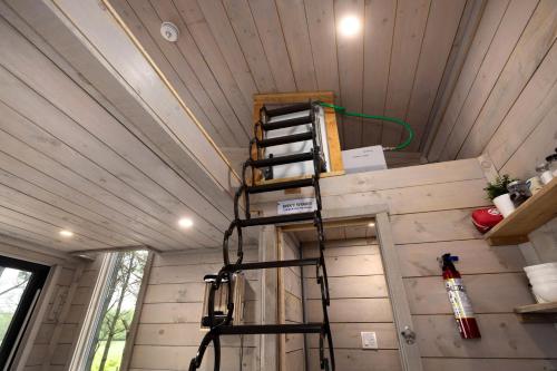 a tiny house with a ladder in the ceiling at Little Cabin in the Pines in Chatsworth