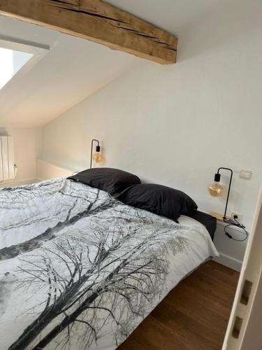 - une chambre avec un lit doté d'oreillers noirs dans l'établissement Residence VARLOPE, à Chamonix-Mont-Blanc