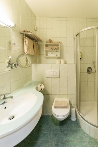 a bathroom with a sink and a toilet and a shower at Familienhotel Trebesingerhof in Trebesing