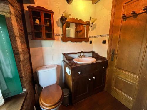 uma casa de banho com um WC, um lavatório e um espelho. em Casal de Agra em Bergondo