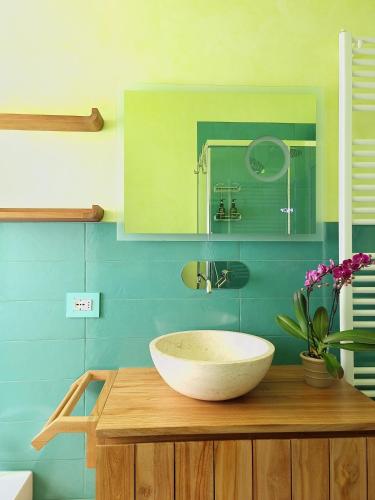 a bathroom with a bowl sink on a wooden counter at HERON Apartment in Scardovari