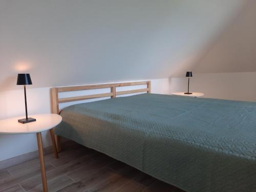 a bedroom with a bed and two lamps on tables at Birds&Fish Ventė in Ventė