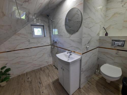 a bathroom with a sink and a toilet at Birds&Fish Ventė in Ventė