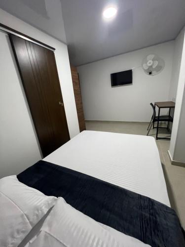 a bedroom with a bed and a television in it at Hotel Fenix in Ocaña