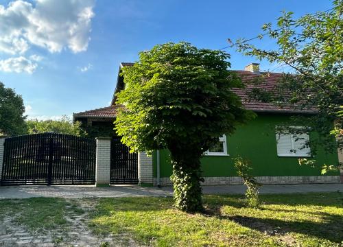 a green house with a tree in front of it at Apartman Maša in Belo Blato
