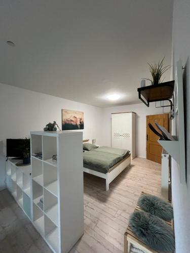 een slaapkamer met een bed in een kamer bij Ferienwohnung Shakira in Penig
