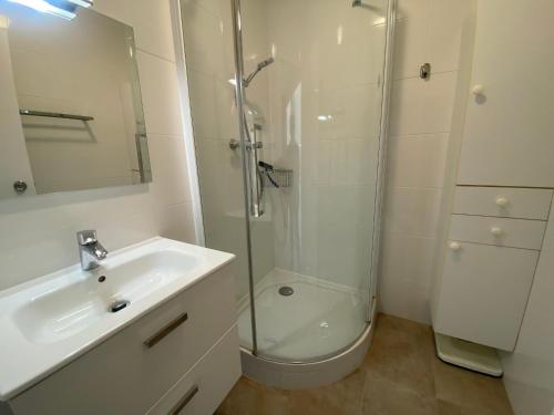 une salle de bain avec une douche en verre et un lavabo dans l'établissement Appartement T3 rénové face plage avec terrasse et parking sécurisé - Arcachon - FR-1-374-224, à Arcachon