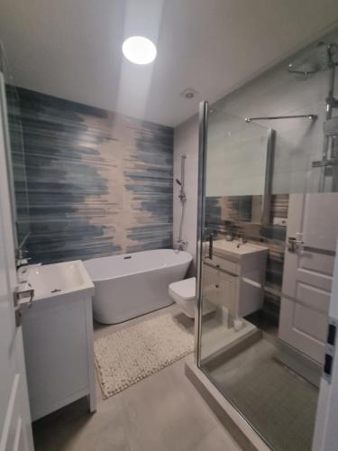 een badkamer met een bad, een toilet en een wastafel bij Anca House in Baia Mare