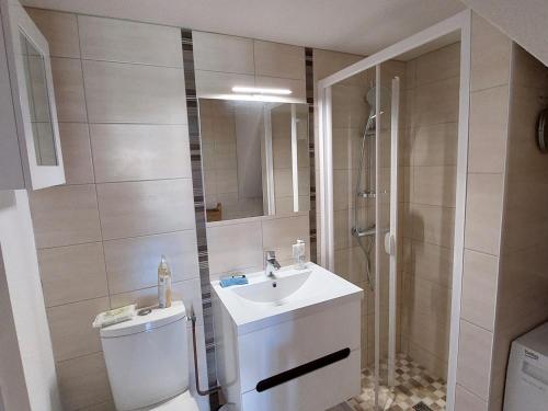 une salle de bain avec toilettes, lavabo et douche dans l'établissement Charmante Maisonnette avec Piscine à Proximité du Lac et des Plages de Saint-Palais-sur-Mer - FR-1-550-80, à Saint-Palais-sur-Mer